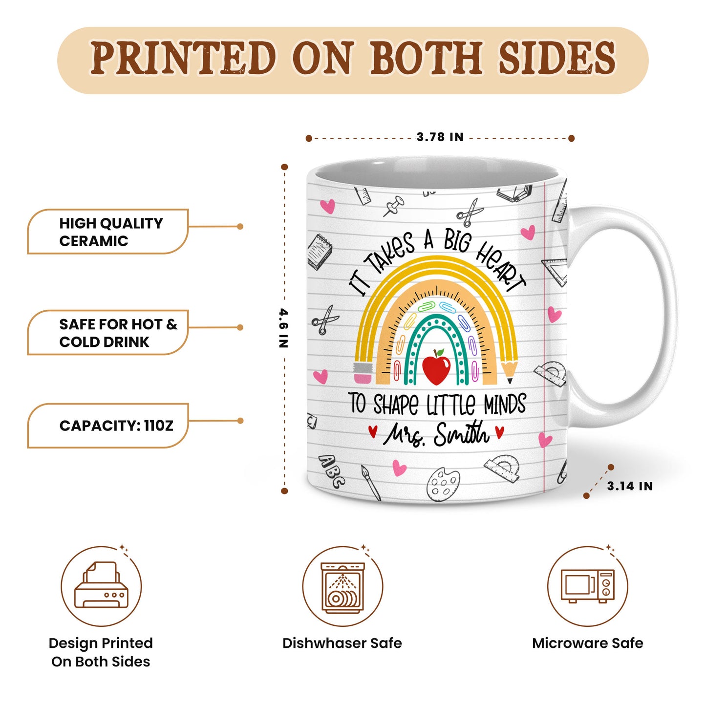 Back to School Personalized Teacher Mug, Custom Name Coffee Mug, Teacher Appreciation Gift for Preschool, Kindergarten & Elementary Teachers
