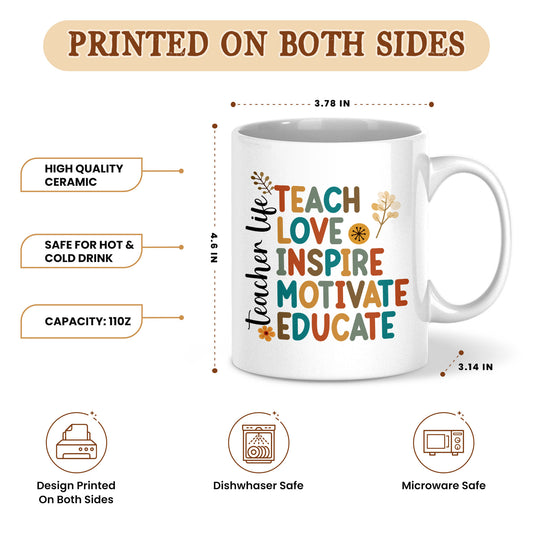 Vintage Floral Teacher Mug - Teach Love Inspire Motivate Educate - Custom Teacher Name Coffee Cup - Appreciation Gift for Teachers
