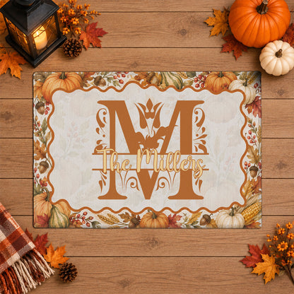 Personalized Thanksgiving Doormat - Custom Family Name Monogram Door Mat - Fall Harvest Pumpkin Home Decor