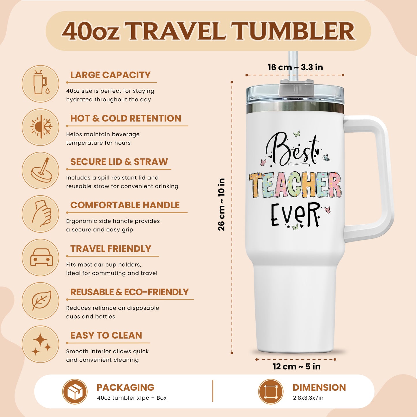 Personalized 40oz Teacher Tumbler with Handle & Straw – Custom Best Teacher Ever Gift for Back to School & Teacher Appreciation