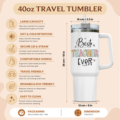 Personalized 40oz Teacher Tumbler with Handle & Straw – Custom Best Teacher Ever Gift for Back to School & Teacher Appreciation