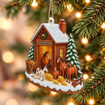 Personalized Custom Shape Wood Ornament - Custom Kid Name Horse Barn Ornament - Farmhouse Holiday Keepsake