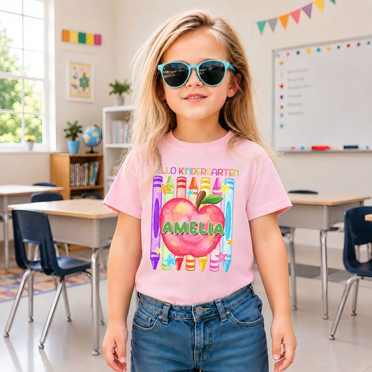 Colorful Apple Crayon Shirt - Custom Name & Grade Kids T-Shirt - First Day of School Outfit for Boys & Girls