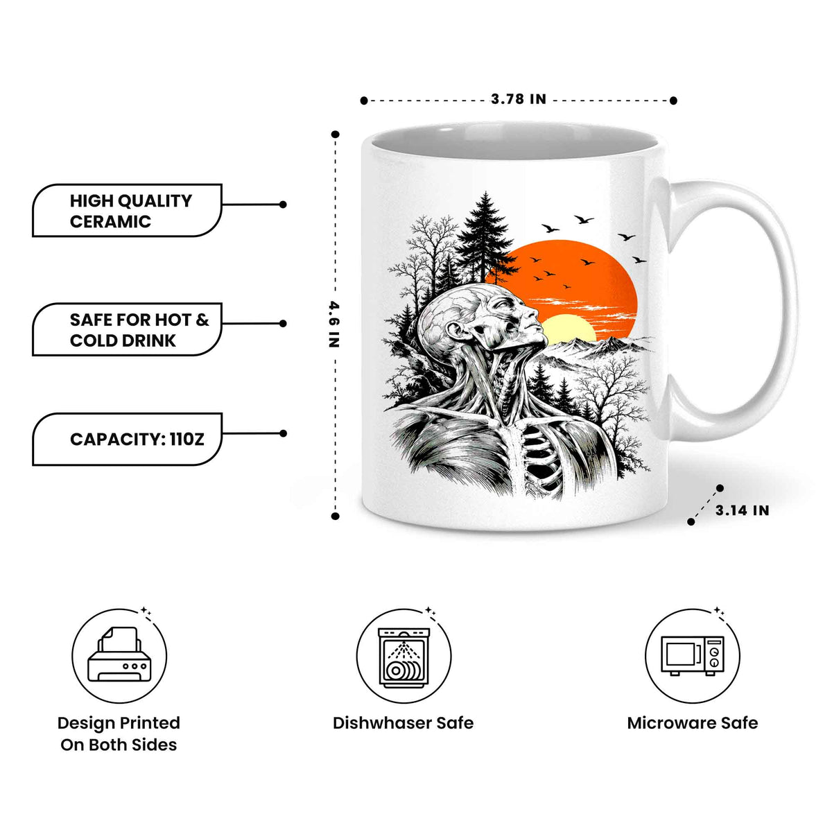 Anatomical Skeleton Sunset Mug, Vintage Mountain Nature Coffee Cup, Gothic Art Gift for Men Women