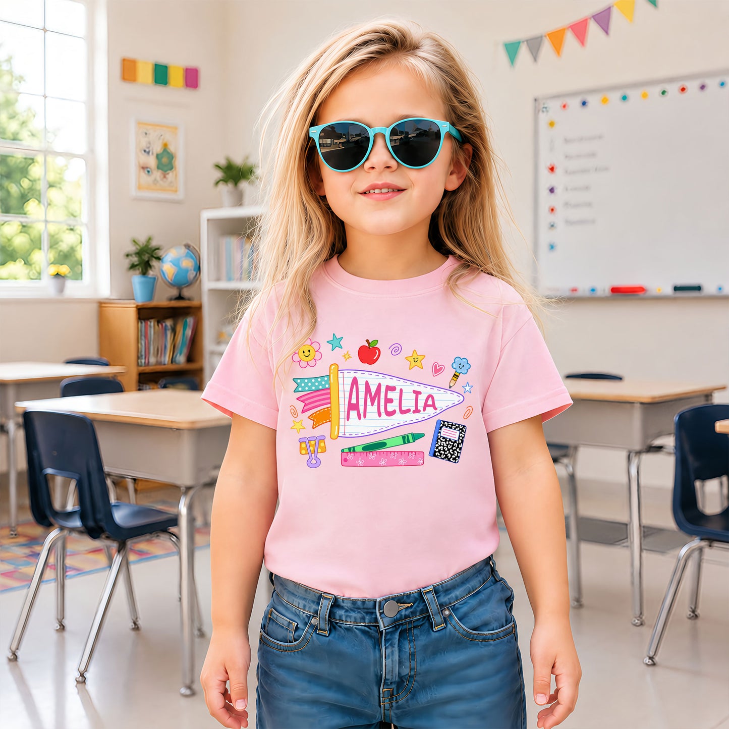 Personalized Colorful Pennant Shirt - Custom Name & Grade Kid T-shirt - Back To School Gift for Boys & Girls