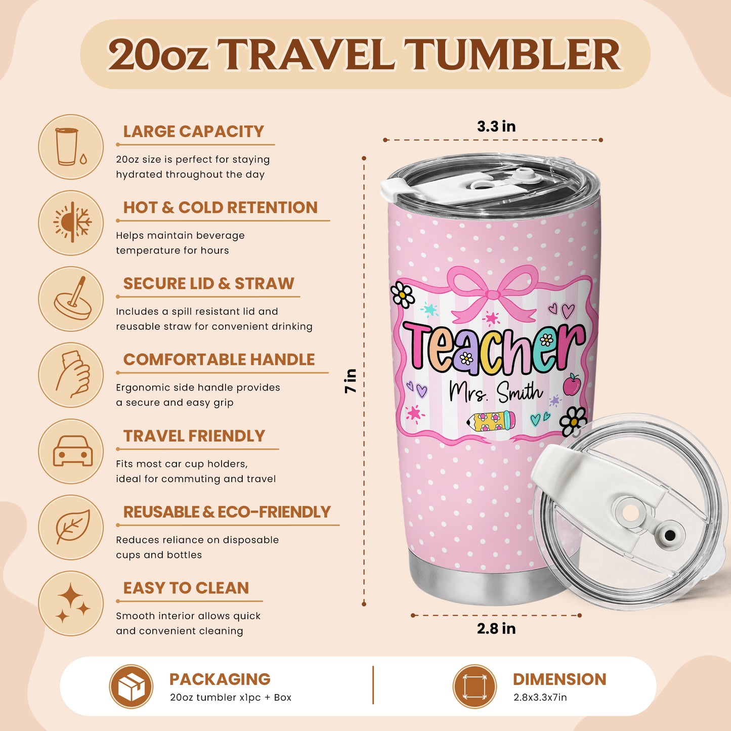 Personalized Teacher Tumbler with Custom Name, Cute Pencil Floral Travel Cup, Teacher Appreciation Gift, Back to School Teacher Gift
