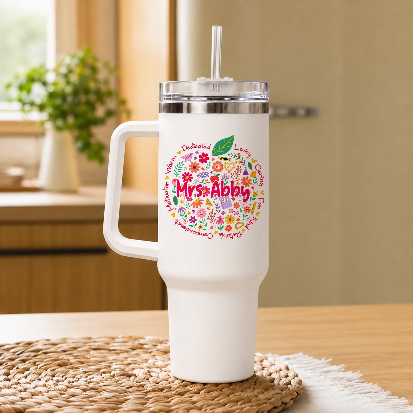 Retro Floral Teacher Tumbler With Handle - Custom Name Teacher To Go Cup, Back To School Teacher Gift
