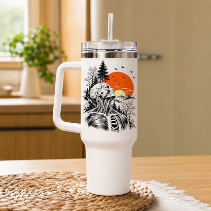 Anatomical Skeleton Sunset Tumbler 40oz with Handle and Straw, Vintage Mountain Gothic Gift for Men Women