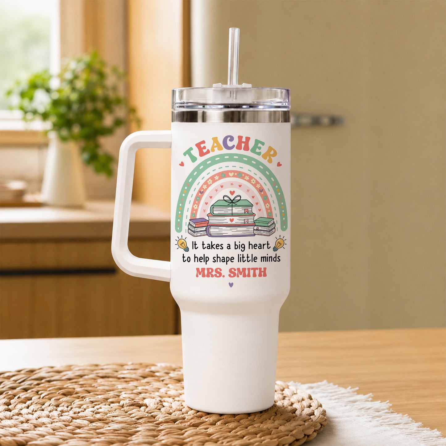 Personalized Teacher Tumbler with Handle - Custom Teacher Name Gift - Rainbow School Travel Cup with Straw - Appreciation Gift for Teachers