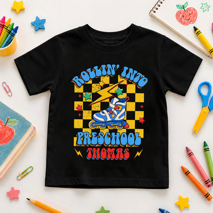 Rollin' Into School Retro Shirt - Custom Name & Grade Kids T-Shirt - First Day of School Outfit for Boys