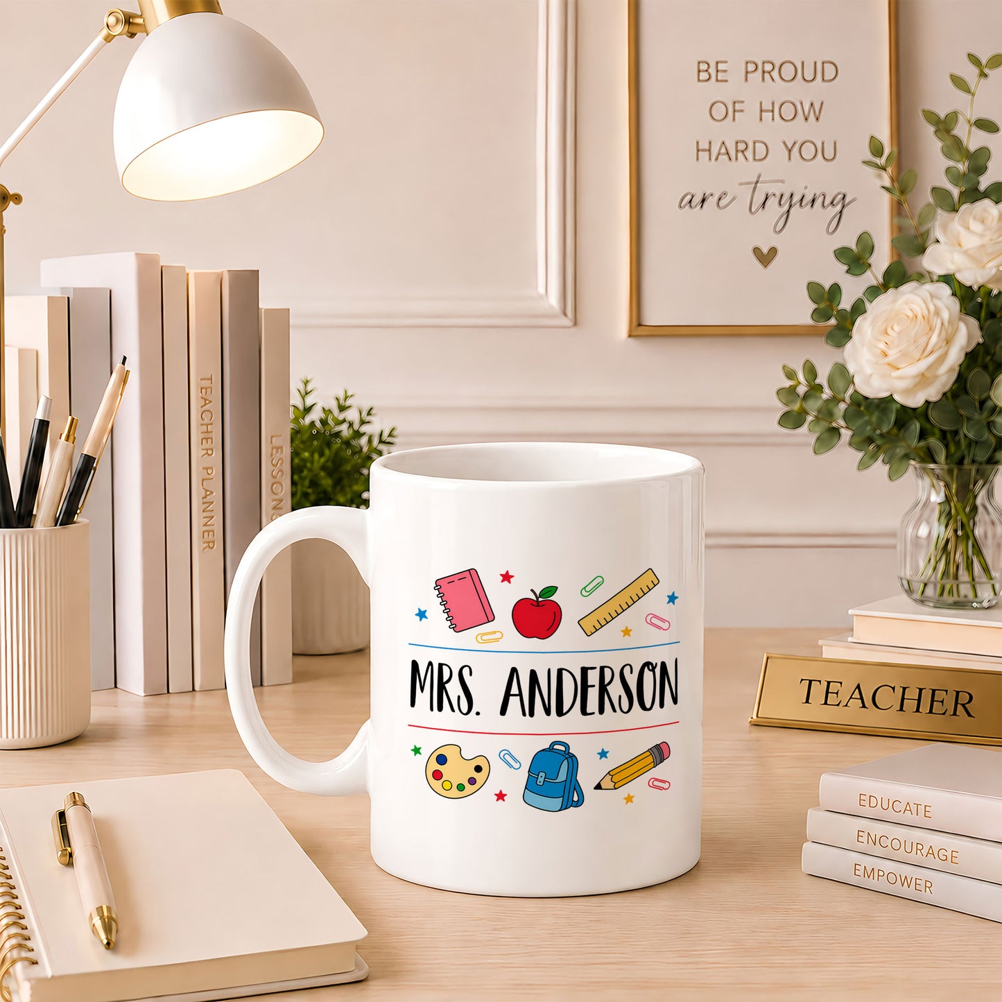 Colorful Teacher Mug - The Influence of a Good Teacher Can Never Be Erased - Custom Teacher Name Coffee Cup, Back To School Teacher Gift