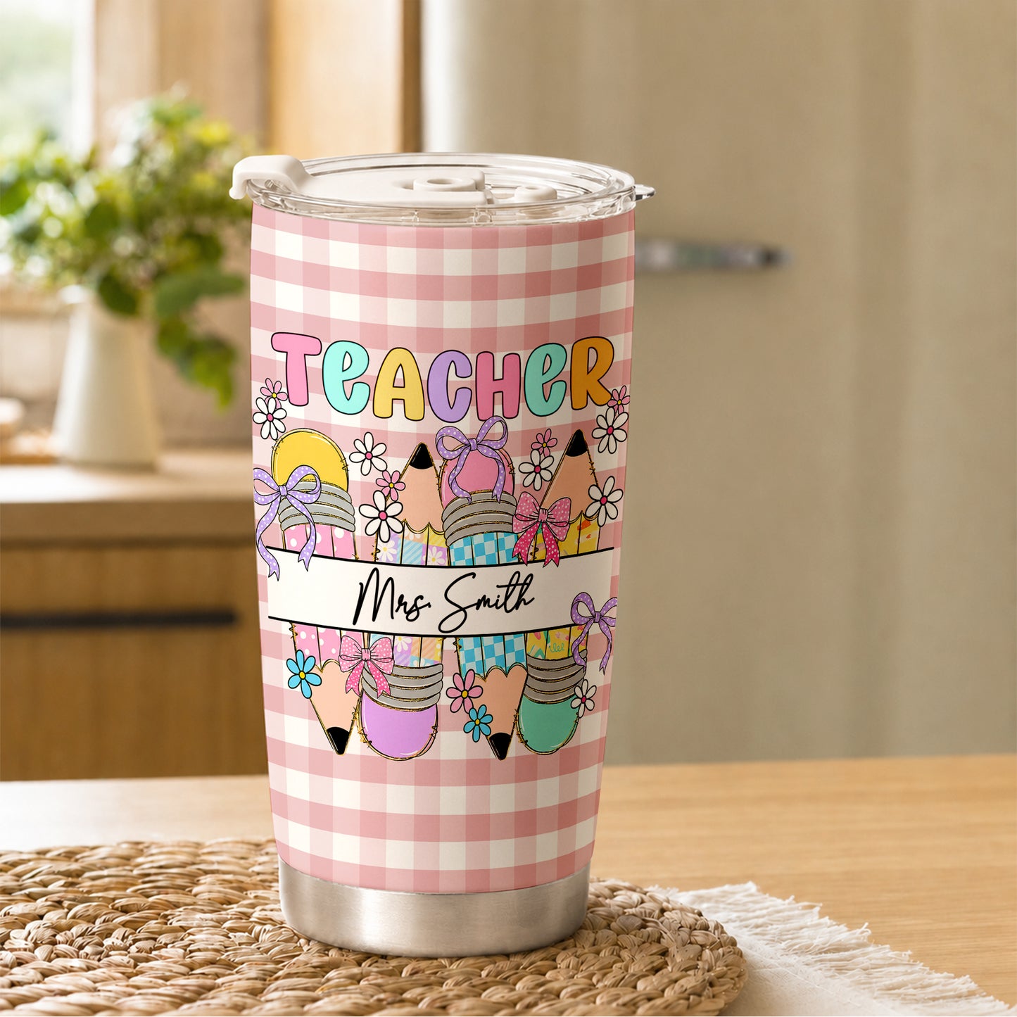 Personalized Teacher Tumbler with Custom Name, Cute Pencil Floral Travel Cup, Teacher Appreciation Gift, Back to School Teacher Gift