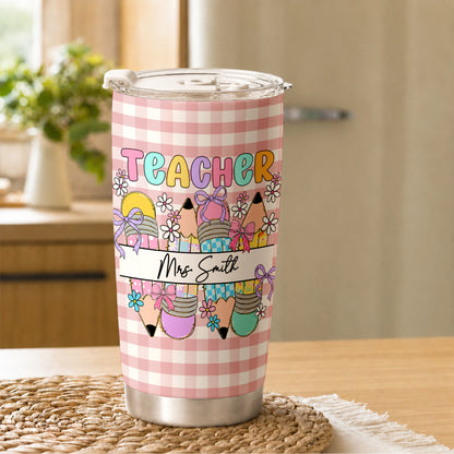 Personalized Teacher Tumbler with Custom Name, Cute Pencil Floral Travel Cup, Teacher Appreciation Gift, Back to School Teacher Gift