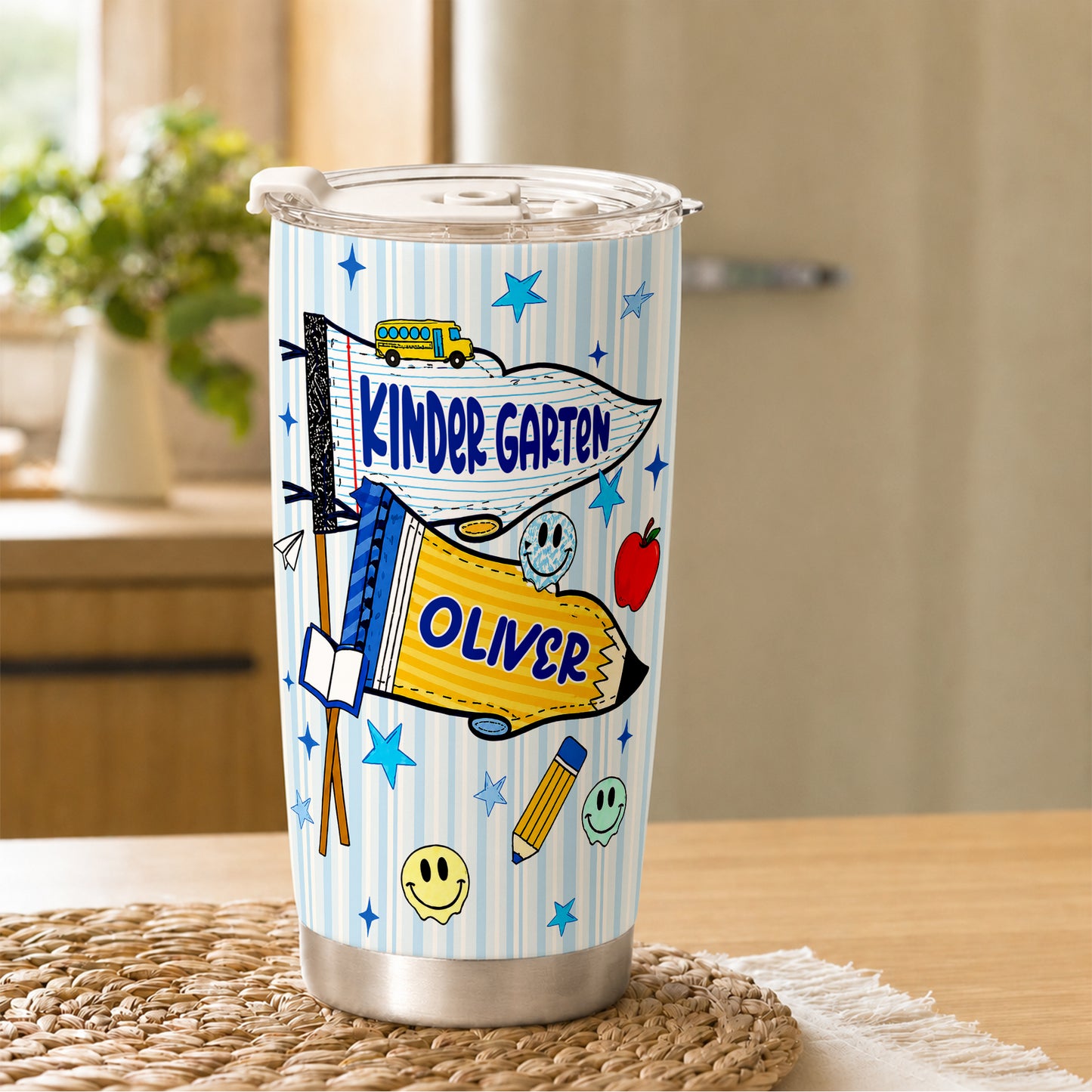 Personalized Back to School Tumbler - Custom Name & Class for Teachers and Students, Striped Blue 20oz Travel Cup