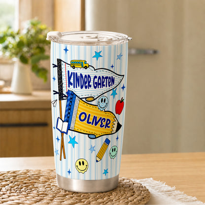 Personalized Back to School Tumbler - Custom Name & Class for Teachers and Students, Striped Blue 20oz Travel Cup