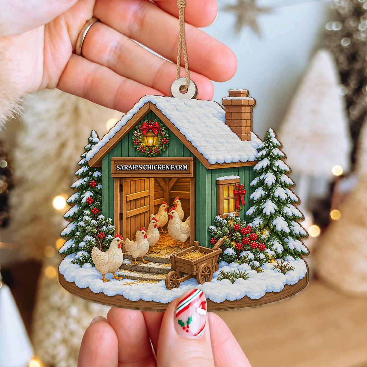 Personalized Custom Shape Wood Ornament - Custom Kid Name Chicken Farm Ornament - Farmhouse Holiday Keepsake