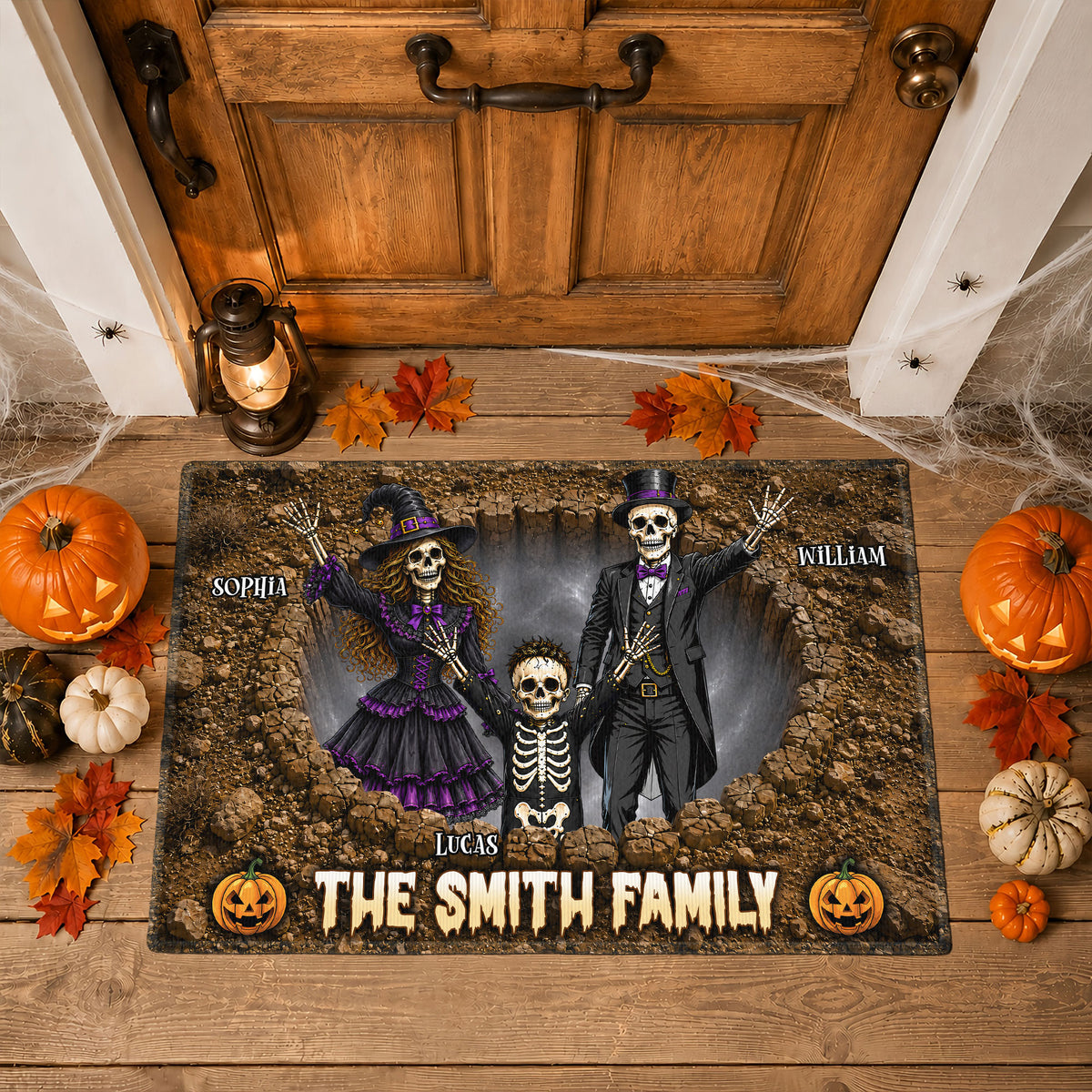 Personalized Halloween Door Mat for Family - Custom Name Skeleton Family Mat - Spooky Haunted House Door Mat - Halloween Outdoor Decor