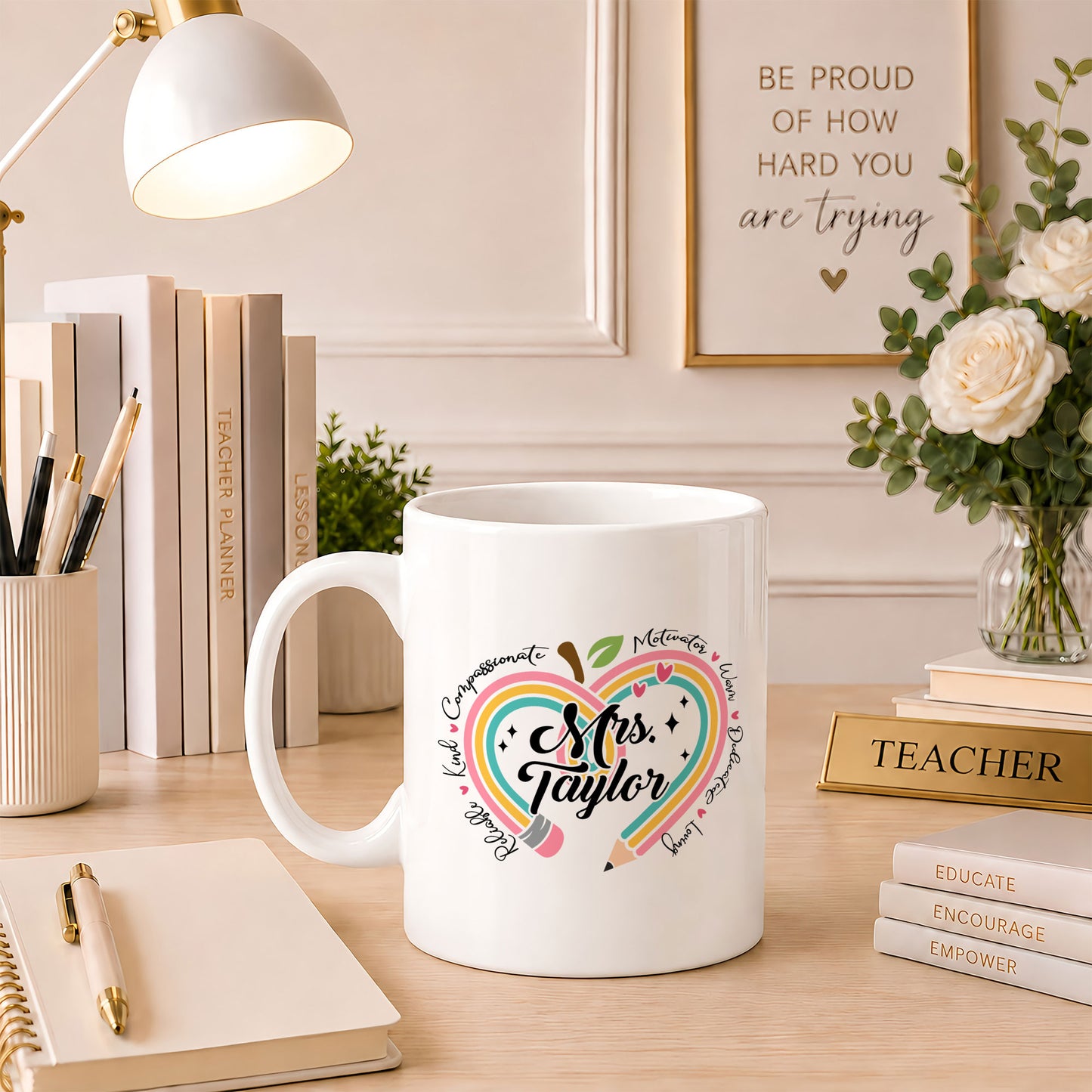 Rainbow Apple Teacher Mug - Custom Teacher Name Coffee Mug - Teacher Appreciation Gift