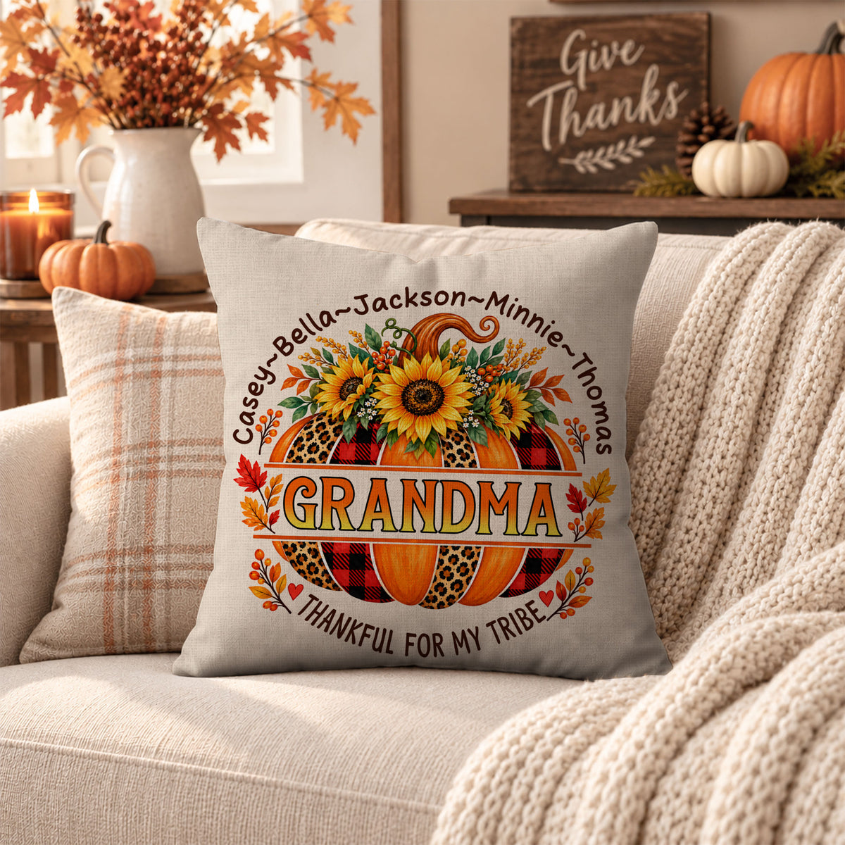 Personalized Thanksgiving Pillow - Thankful for My Tribe - Fall Gift for Grandma, Mom