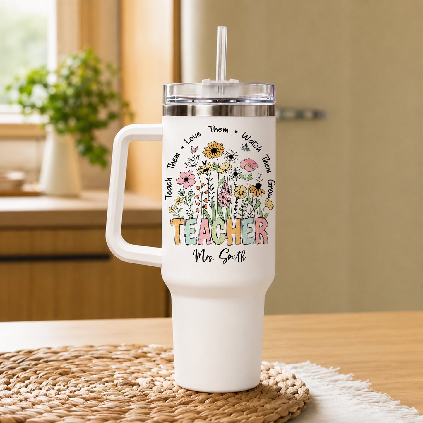 Personalized 40oz Teacher Tumbler with Handle & Straw – Custom Best Teacher Ever Gift for Back to School & Teacher Appreciation