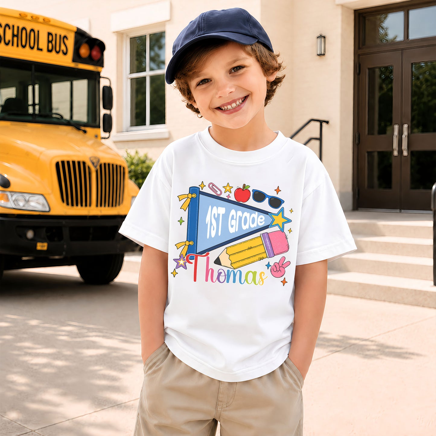 Colorful Pennant Tshirt - Custom Name & Grade Kid T-shirt - Back To School Gift for Boys & Girls