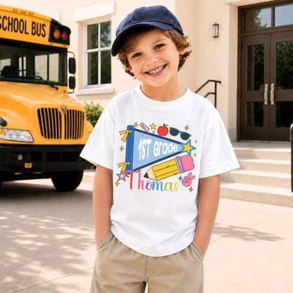 Colorful Pennant Tshirt - Custom Name & Grade Kid T-shirt - Back To School Gift for Boys & Girls