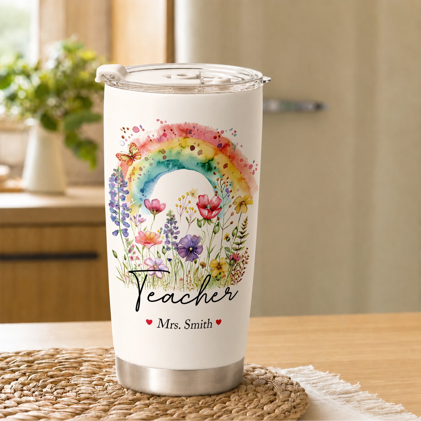 Personalized Teacher Tumbler with Custom Name, Cute Pencil Floral Travel Cup, Teacher Appreciation Gift, Back to School Teacher Gift