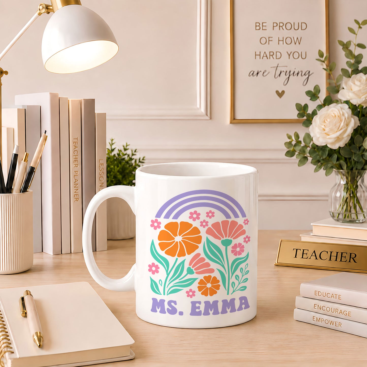 Boho Floral Teacher Mug - Tiny Humans Tamer - Custom Teacher Name Coffee Mug - Teacher Back To School Gift
