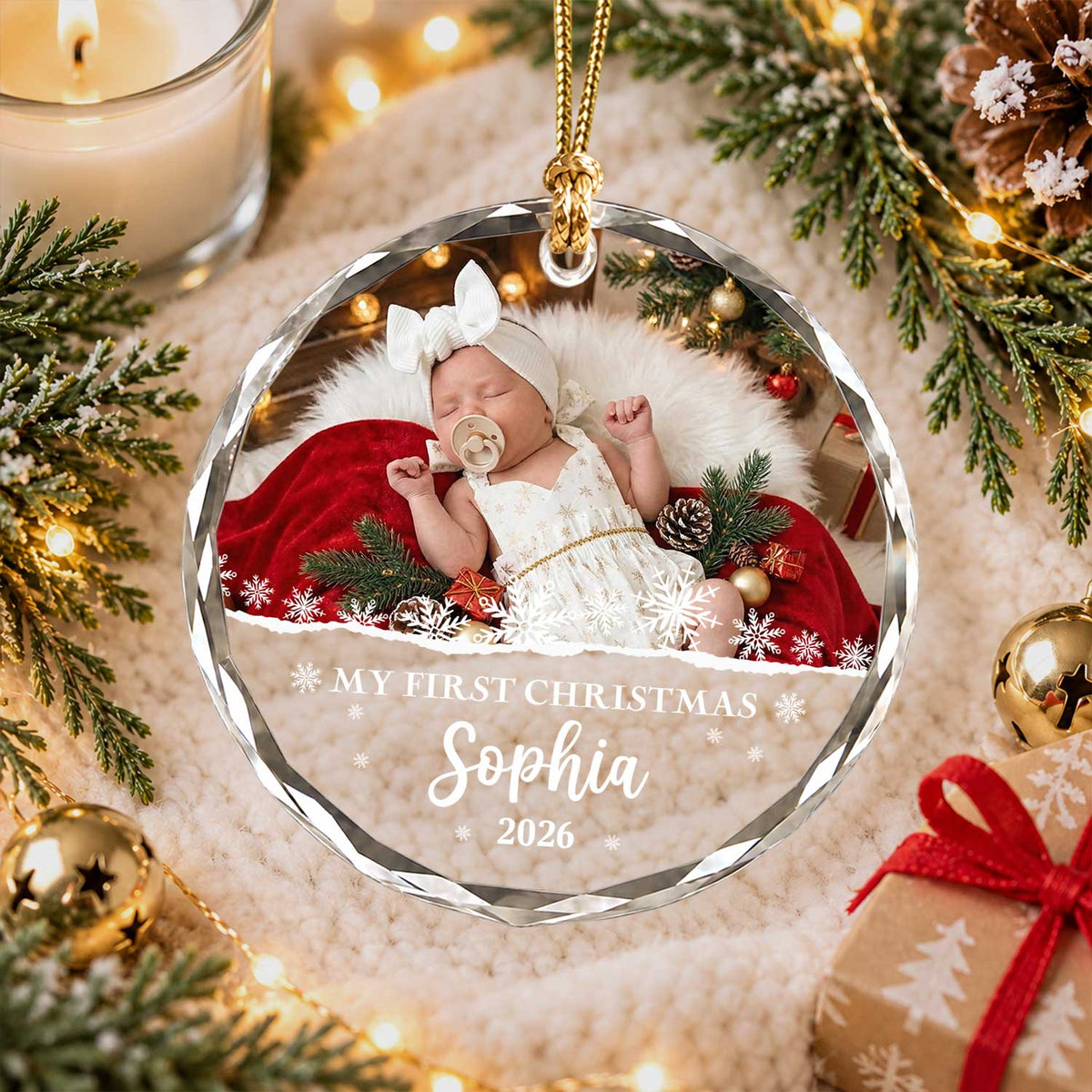 Personalized Christmas Glass Ornament - Custom Photo Baby's First Christmas 2026 - New Born Baby Christmas Gift