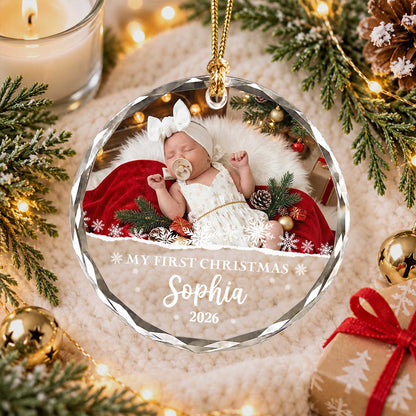 Personalized Christmas Glass Ornament - Custom Photo Baby's First Christmas 2026 - New Born Baby Christmas Gift