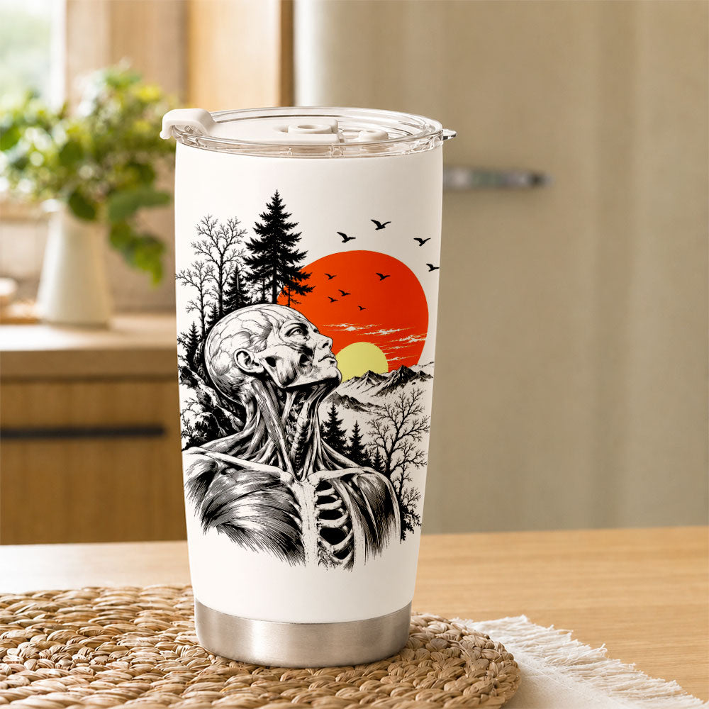 Anatomical Skeleton Sunset Tumbler 20oz, Vintage Mountain Travel Cup, Gothic Gift for Men Women