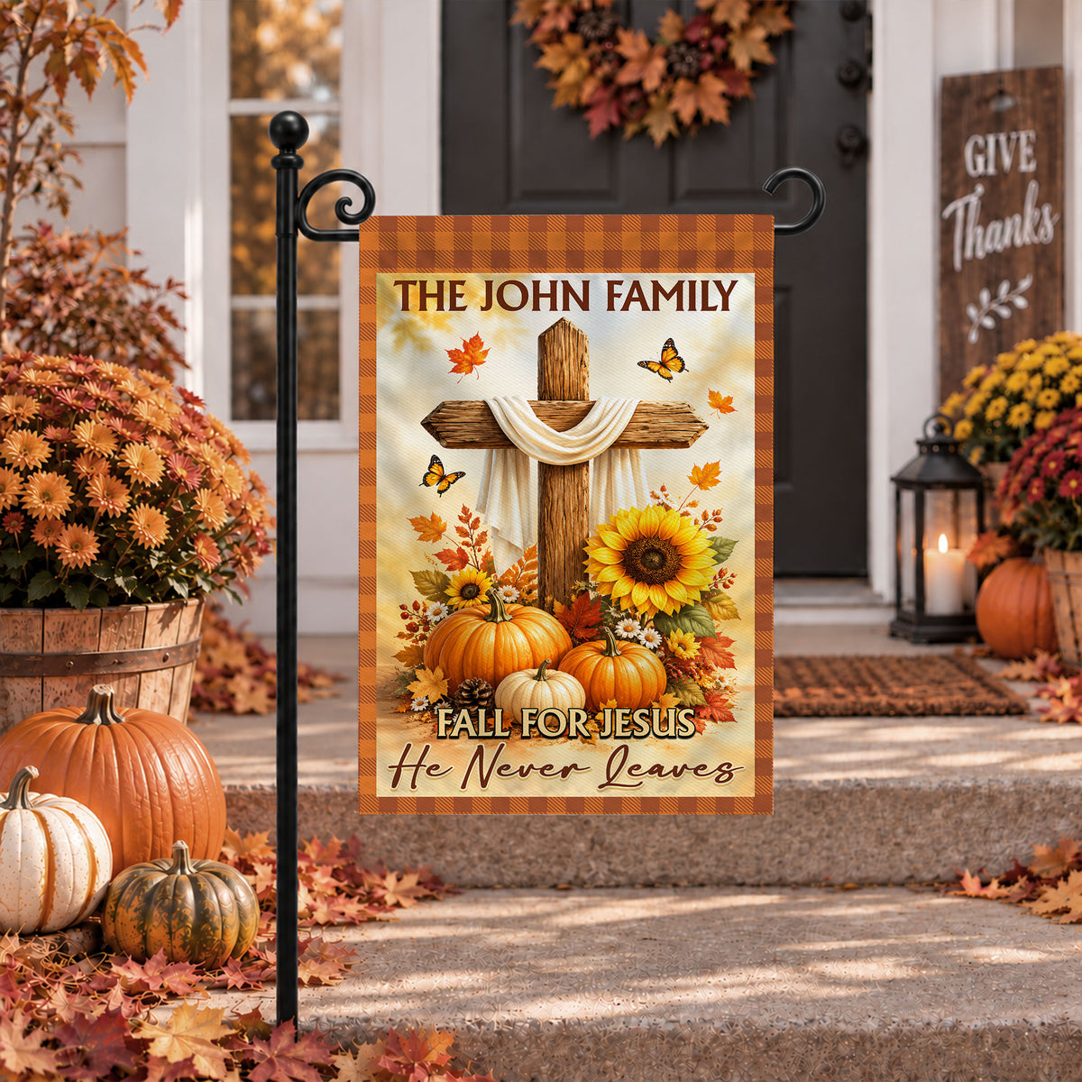 Personalized Thanksgiving Garden Flag - Fall for Jesus He Never Leaves - Custom Family Name Yard Decor