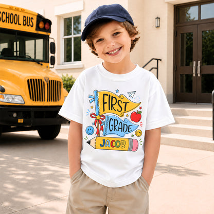 Personalized Back To School Shirt - Colorful Pennant Custom Grade & Name Kids T-Shirt - First Day of School Gift for Boys & Girls