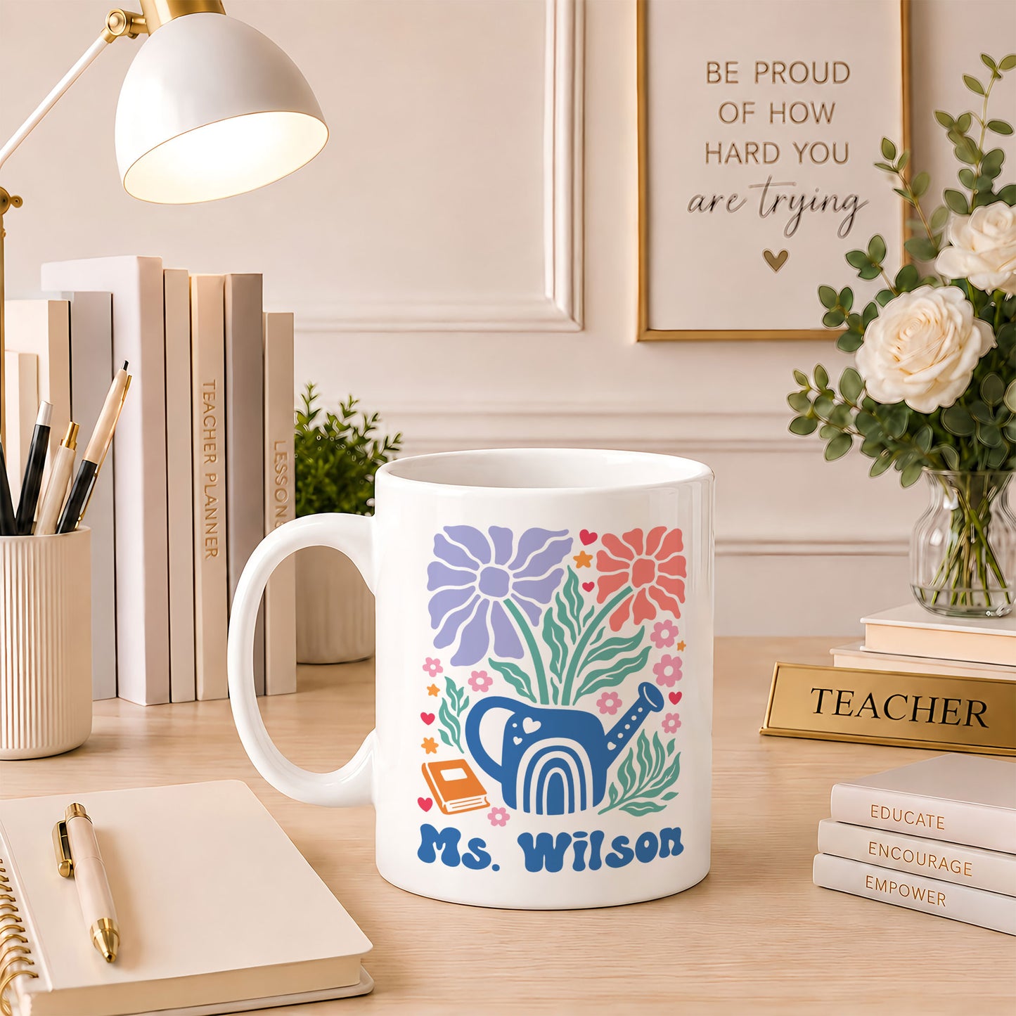 Boho Floral Teacher Mug - Teacher Mode All Day Everyday - Custom Teacher Name Coffee Mug - Appreciation Gift For Teachers