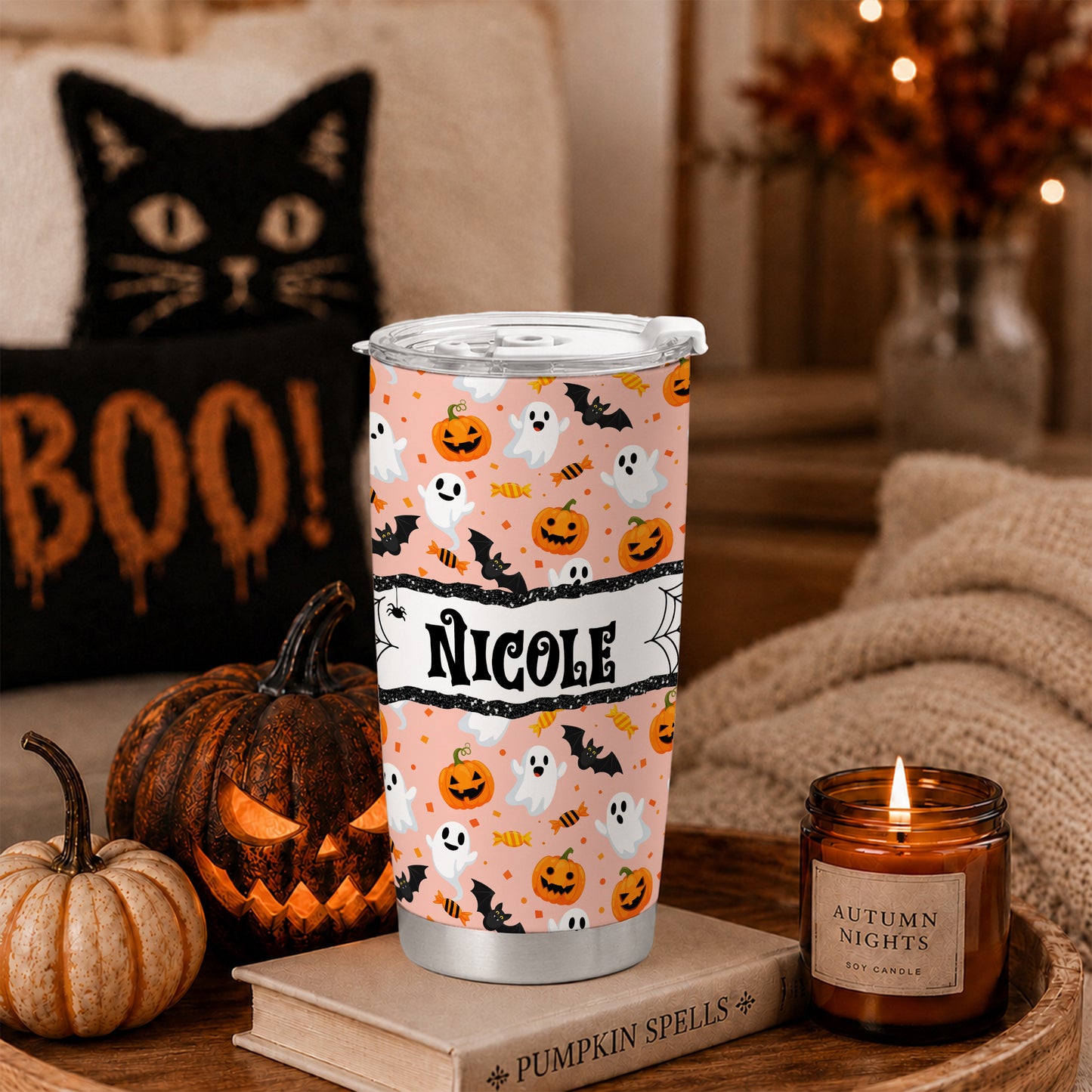 Personalized Halloween Tumbler with Name - Cute Halloween Pattern Tumbler, 20oz Insulated Travel Cup - Custom Fall Gift