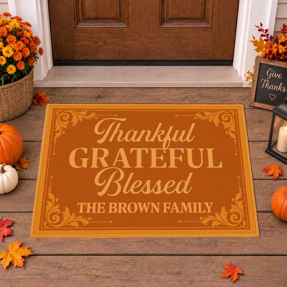 Personalized Thanksgiving Doormat - Thankful Grateful Blessed Family Mat - Thanksgiving Home Decor