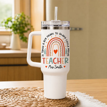 Personalized Teacher Tumbler with Handle - Custom Teacher Name Gift - Rainbow School Travel Cup with Straw - Appreciation Gift for Teachers