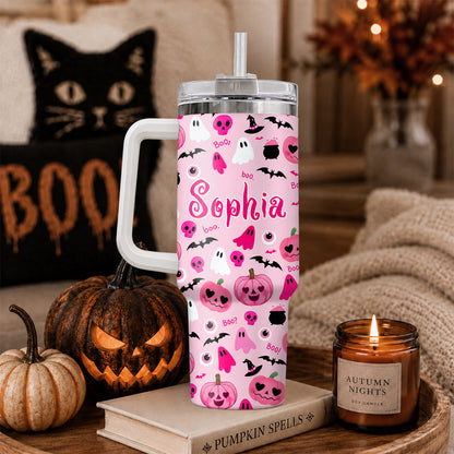 Personalized Halloween Tumbler, 40oz Travel Tumbler with Name, Vintage Spooky Pattern Gift Girls and Boys