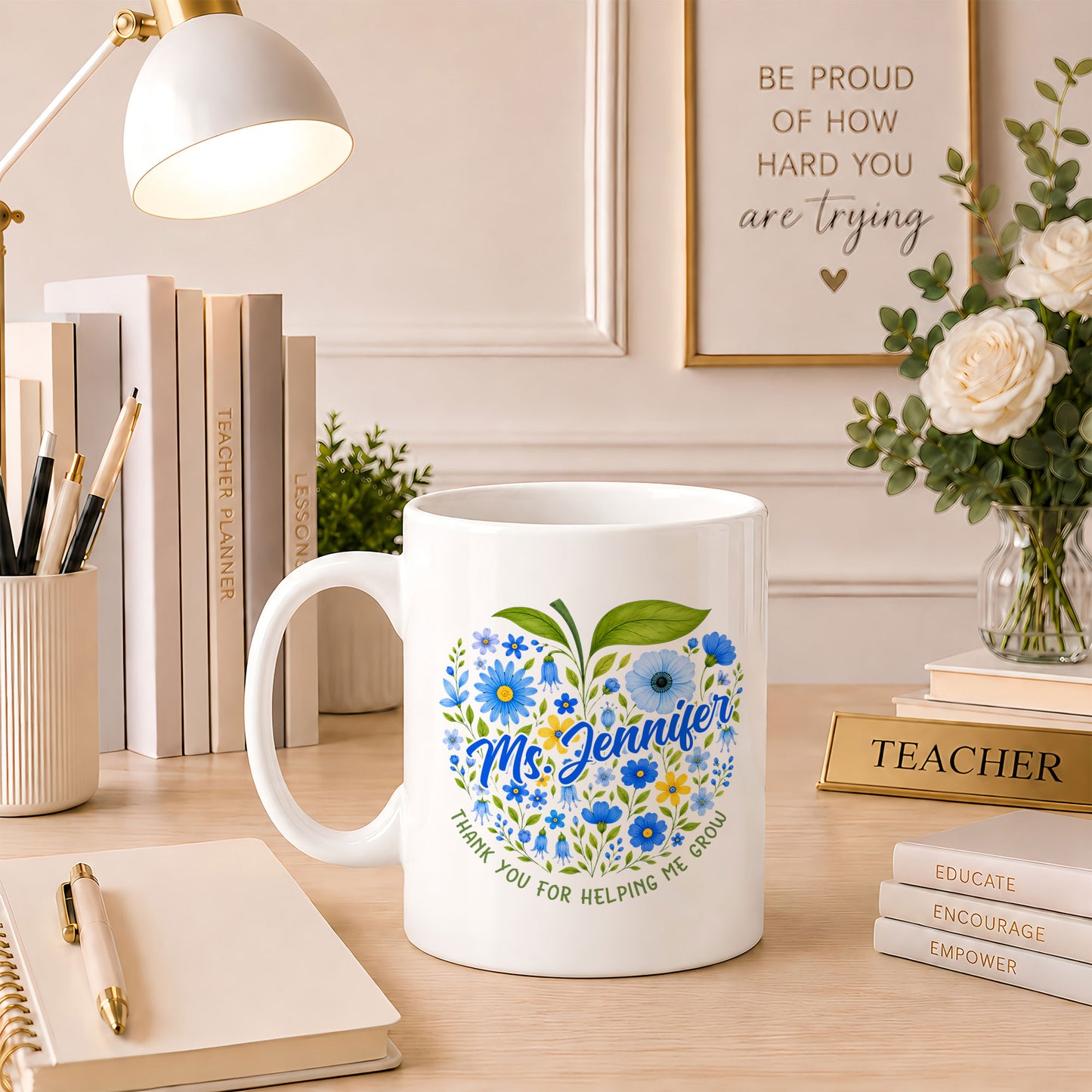 Floral Apple Teacher Mug - Helping Little Minds Grow - Personalized Teacher Ceramic Cup - Back To School Gift for Teachers