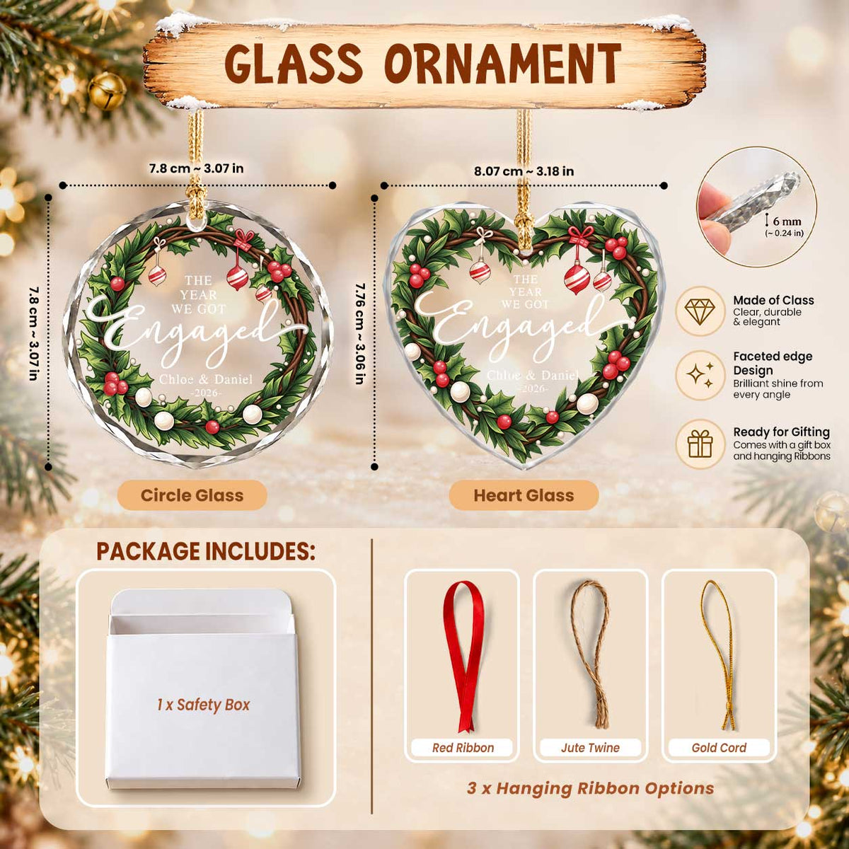 Personalized Gift Engagement Glass Ornament, Custom Couple Names Christmas, Engaged 2026 Christmas Gift For Couple