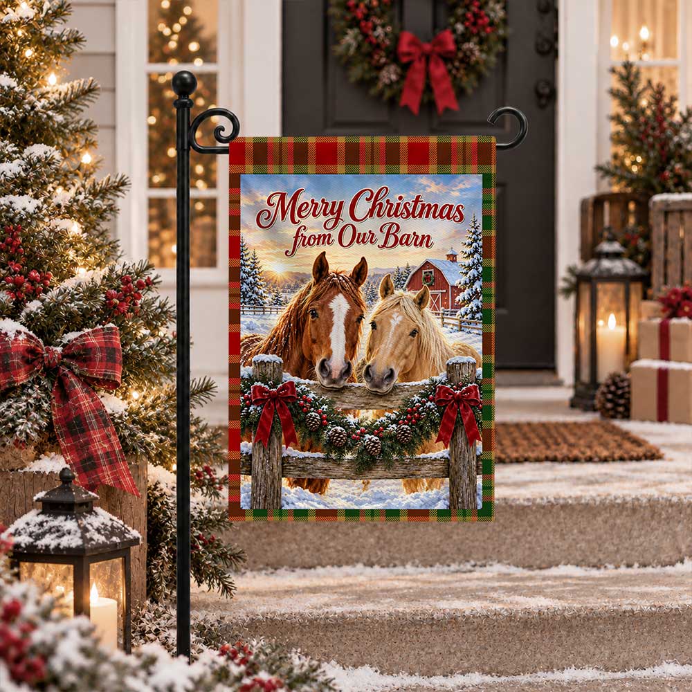 Christmas Garden Flag - Highland Cow Merry Christmas from Our Barn - Farmhouse Decor, Country Christmas Gift