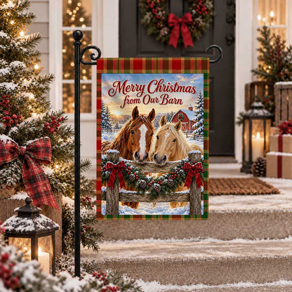 Christmas Garden Flag - Highland Cow Merry Christmas from Our Barn - Farmhouse Decor, Country Christmas Gift