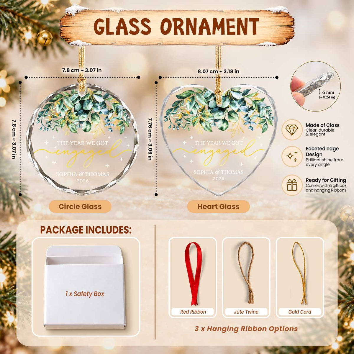 Personalized Gift Engagement Glass Ornament, Custom Couple Names Christmas, Engaged 2026 Christmas Gift For Couple
