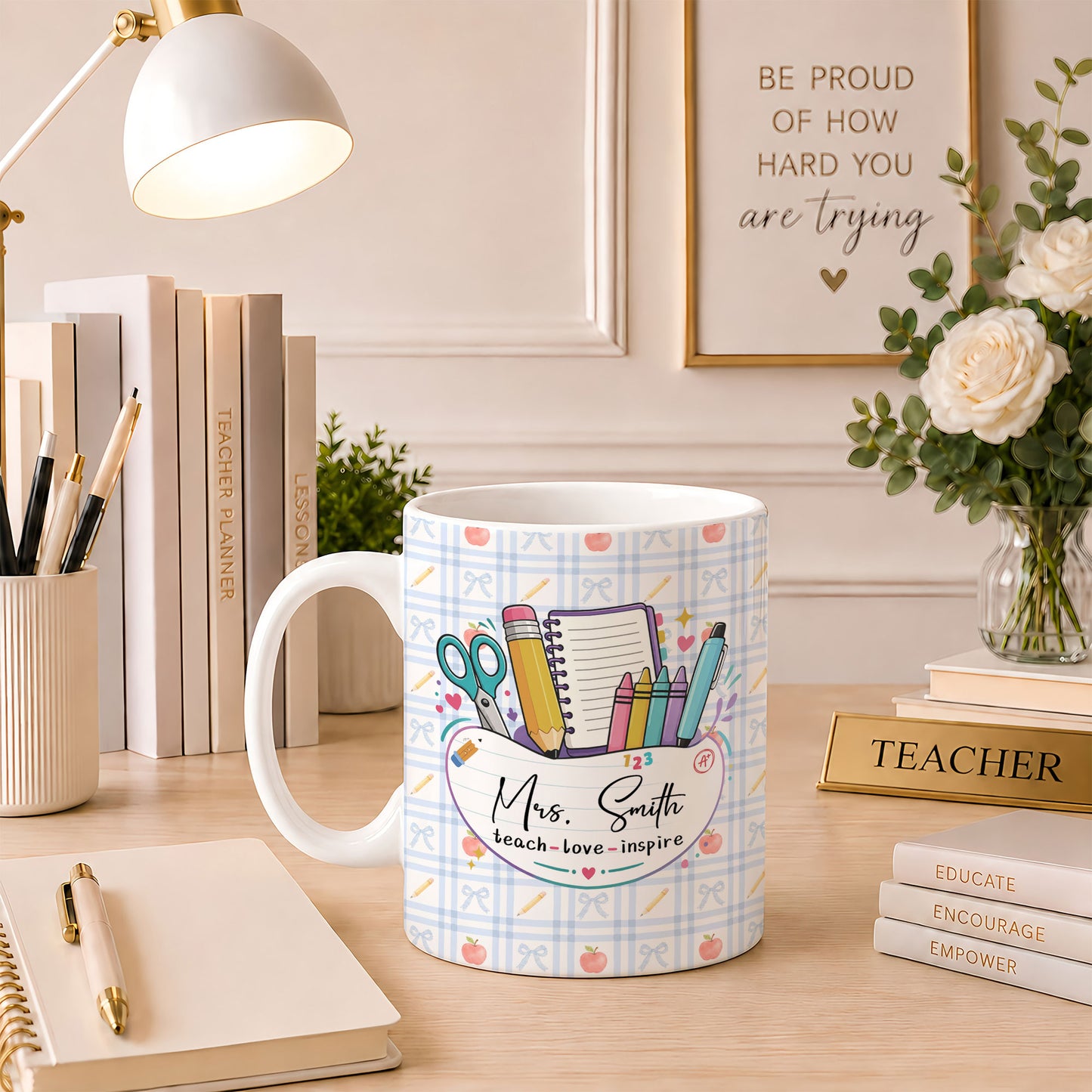 Personalized Teach Love Inspire Teacher Mug with Custom Name, Teacher Appreciation Coffee Mug, Thank You Teacher Gift, Back to School Gift