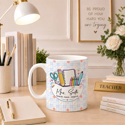 Personalized Teach Love Inspire Teacher Mug with Custom Name, Teacher Appreciation Coffee Mug, Thank You Teacher Gift, Back to School Gift