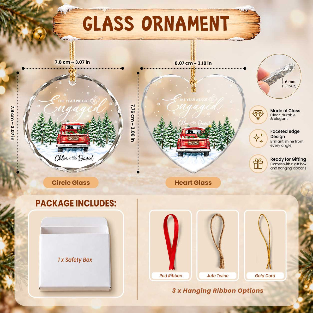 Personalized Gift Engagement Glass Ornament, Custom Couple Names Christmas, Engaged 2026 Christmas Gift For Couple