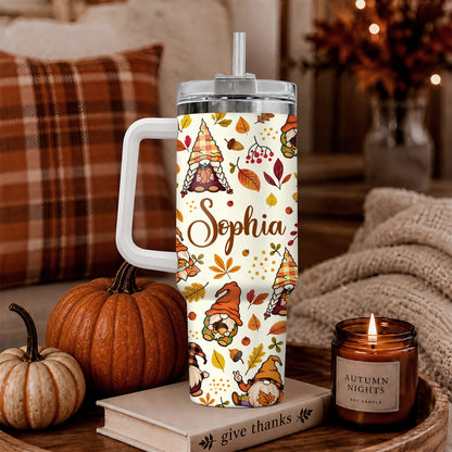 Personalized Thanksgiving Tumbler 40oz, Turkey Fall Leaves Gnome, Hello Fall Custom Name Gift For Adult & Friends
