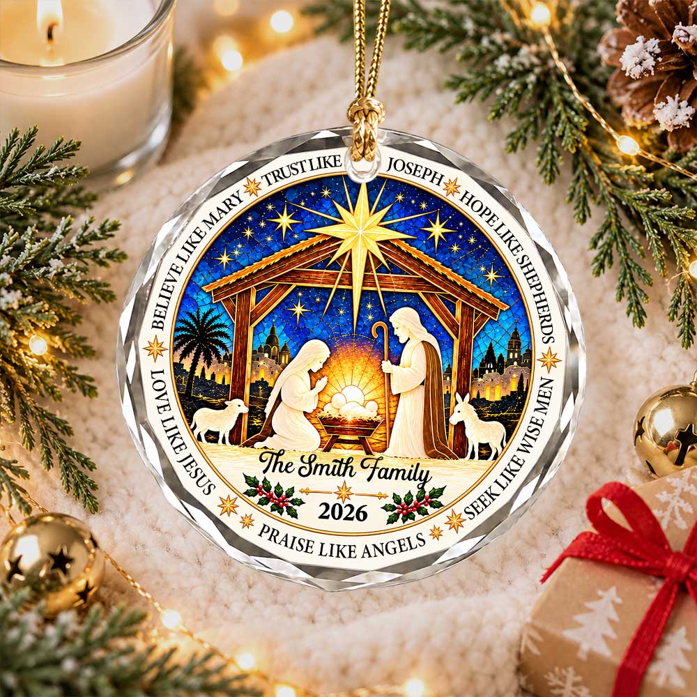 Personalized Christmas Ornament - Custom Family Name Nativity Scene - Christian Christmas Gift, Religious Decor