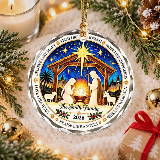Personalized Christmas Ornament - Custom Family Name Nativity Scene - Christian Christmas Gift, Religious Decor
