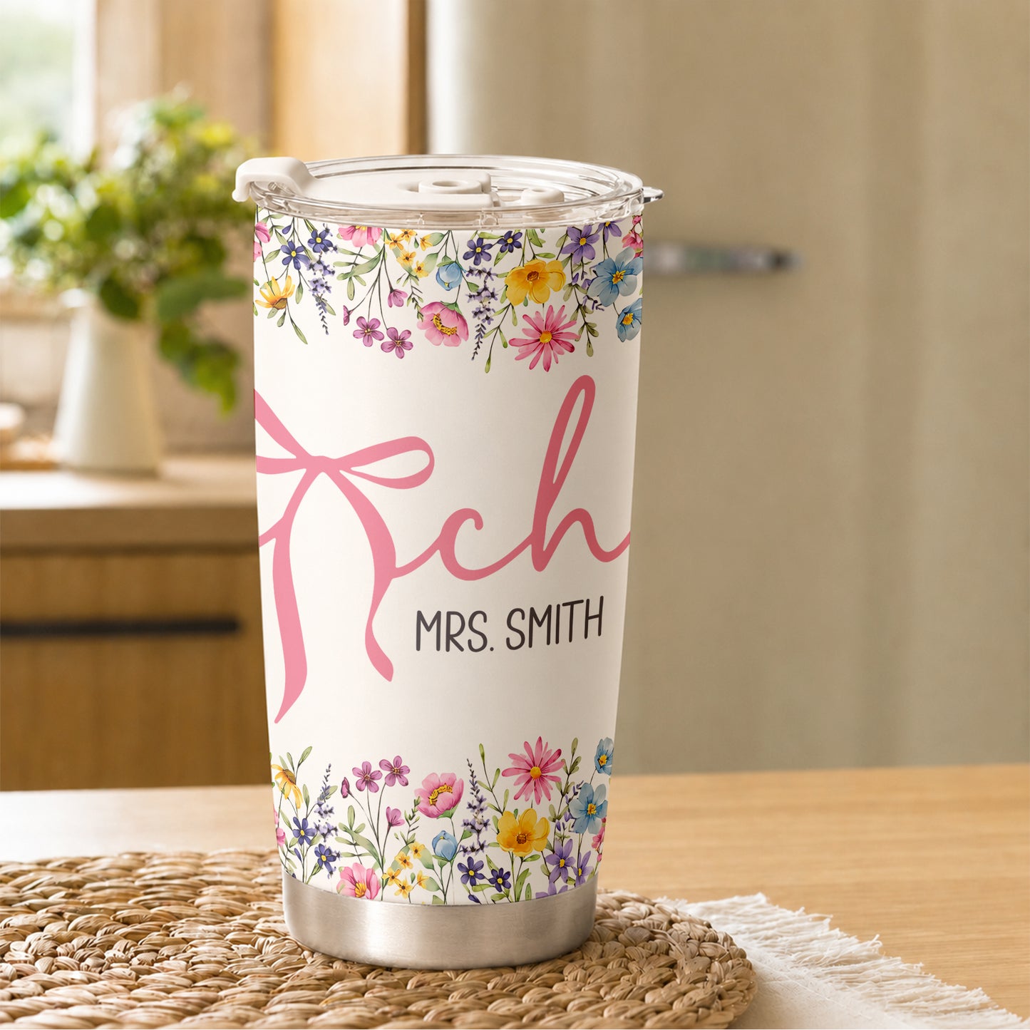 Personalized Teacher Tumbler with Custom Name, Cute Pencil Floral Travel Cup, Teacher Appreciation Gift, Back to School Teacher Gift